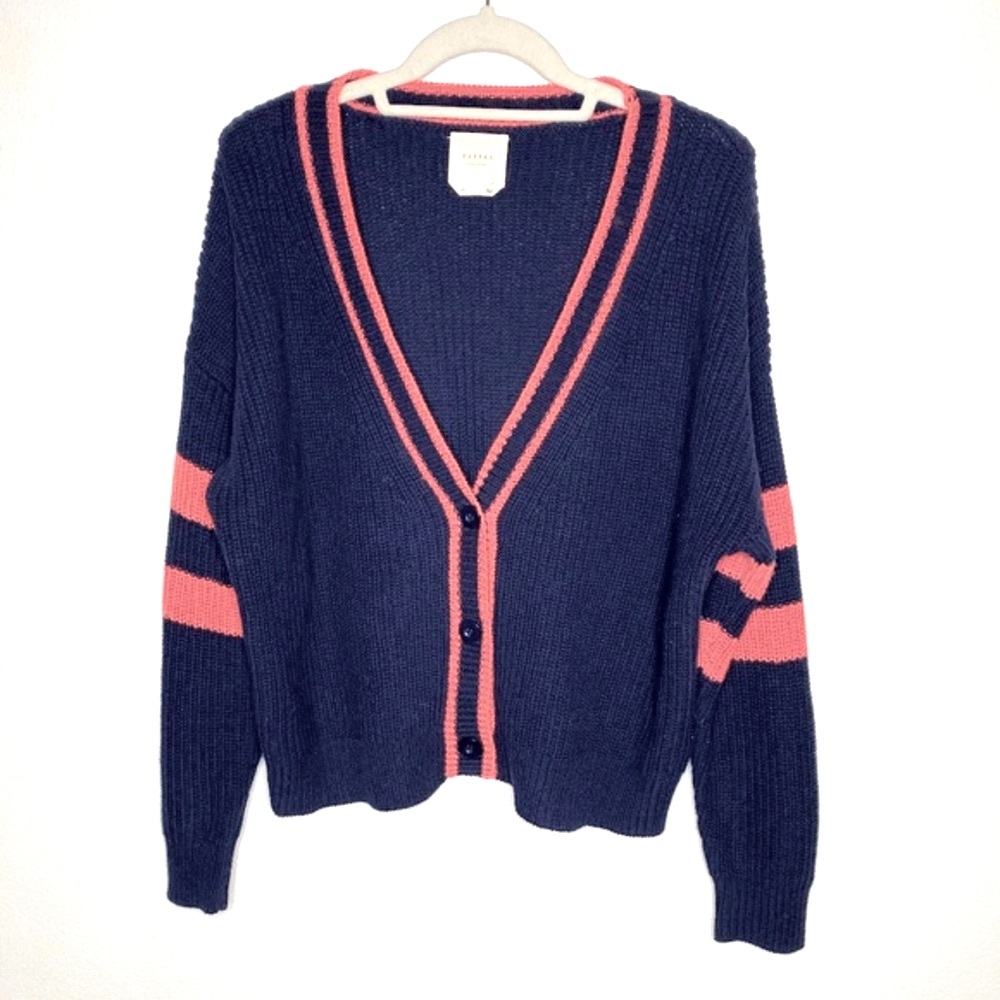 Cozy blue and pink sweater button up